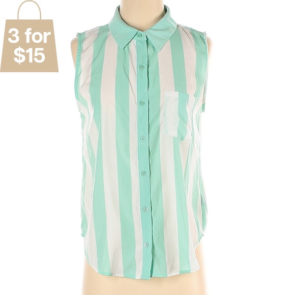 S Sleeveless Collared Button Up Teal Stripe Blouse